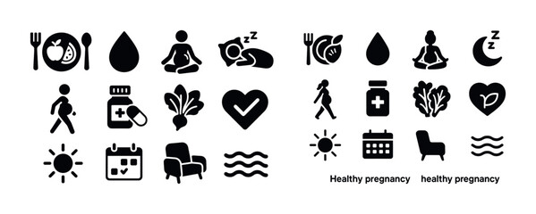 Healthy lifestyle and pregnancy icons: nutrition, relaxation, fi