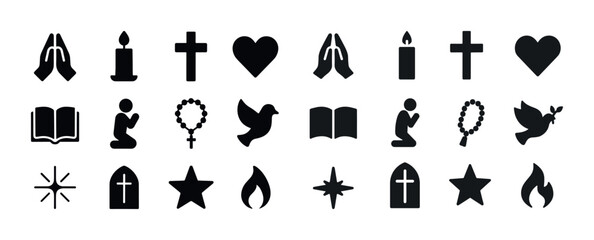 Religious symbols collection: praying hands, crosses, candles, a