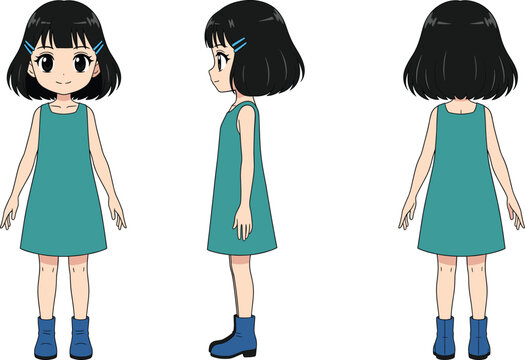 A full-length anime/manga style character sheet vector featuring a cute girl with short black hair and a teal dress, shown from front, side, and back views, ideal for animation projects