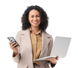 Naklejka premium Young African-American businesswoman with laptop and mobile phone on white background