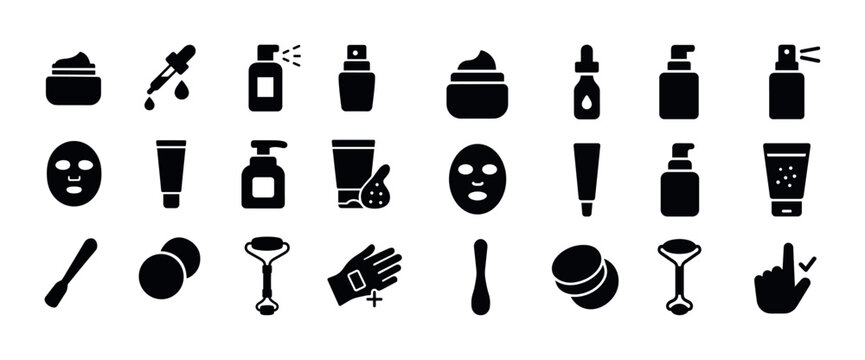 Silhouette icons of skincare products and tools in various shape