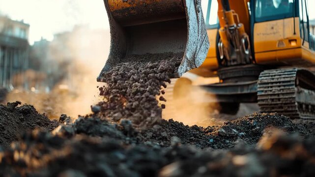 A yellow excavator machine releasing dirt and stones from its bucket at an urban construction site, industrial progress, infrastructure building, heavy machinery, engineering, and modern development.