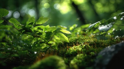 Gentle greenery close-up: dew on leaves and vibrant moss in soft morning light