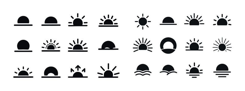 Sunrise and sunset icon set with various sun designs