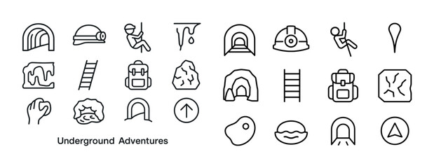 Naklejka premium Underground exploration icons: caves, equipment, and adventure s