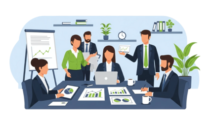 Business meeting with diverse team collaborating on charts and graphs in a modern office setting