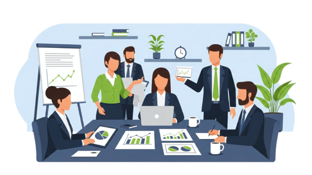 Business meeting with diverse team collaborating on charts and graphs in a modern office setting - Powered by Adobe