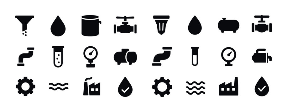 Industrial icons: pipeline, valve, gauge, factory, filtration