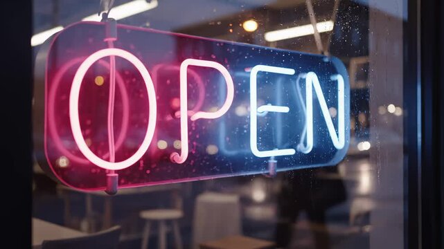 Neon Open Sign Glowing on Rainy Window, Business Hours