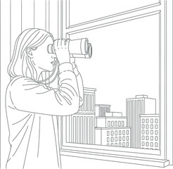 Girl Looking Out Window with Binoculars, City View