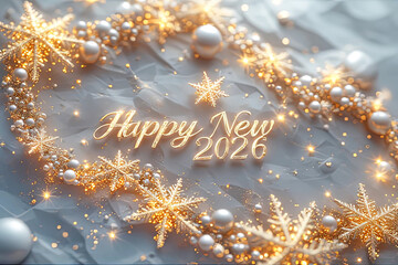 Happy New 2026 Celebration: Glowing Golden Text Surrounded by Luxurious White Pearls, Sparkling Gold Snowflakes and Stars in an Ornate Garland on Textured Gray Marble Background