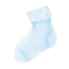 Blue infant sock illustrated in soft tones forms a charming watercolor clipart. Hand-drawn design fits baby shower cards, printable labels, nursery art, packaging, and gender reveal graphics