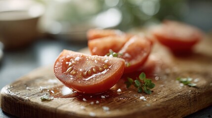 Wooden cutting board with several slices of tomato on it. the tomatoes are cut into thin slices and are arranged in a scattered manner on the board.