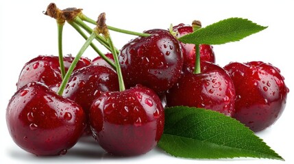 Glossy red cherries with stems and leaves, isolated on bright white backdrop