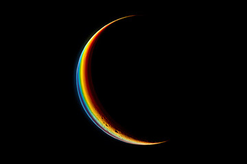 a crescent with a rainbow of light on it