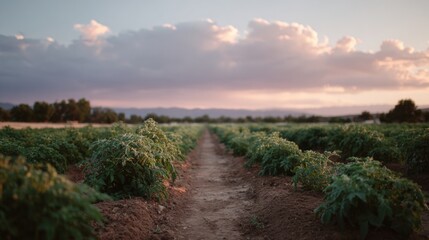 Dirt path winding through a field of rows of green plants. the sky is filled with fluffy white clouds, and the sun is setting in the background, casting a warm glow over the horizon.
