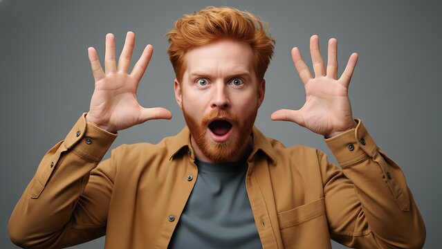 Surprised redhead man with open mouth and hands raised in shocked expression