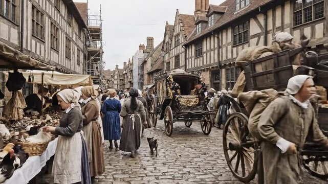 Historical street scene with people, buildings, and horse-drawn carriages in a medieval town.