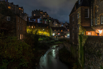 Night view of famous Dean Village in Edinburgh, Scotland