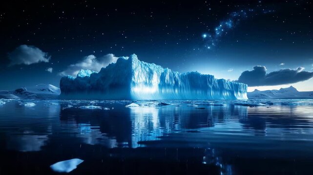 A massive iceberg floating in calm ocean waters under a starry sky with glowing constellations, climate change, global warming, arctic landscape, frozen wilderness, environment and natural beauty.