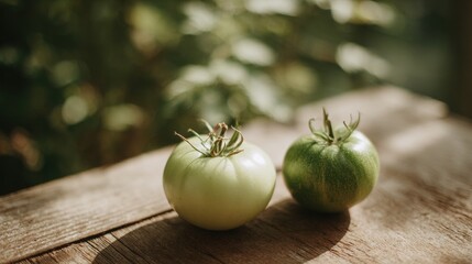 Two green tomatoes on a wooden surface. the tomatoes are round and plump, with a slightly wrinkled texture. they are placed side by side, with one slightly overlapping the other.
