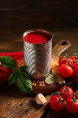 Tin can of tasty tomato paste and different ingredients on wooden background, closeup