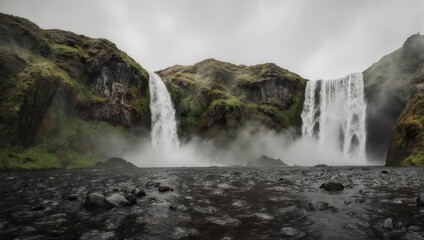 Obraz premium Majestic Skogafoss Waterfall in Iceland with Lush Green Hills and Rocky Foreground.