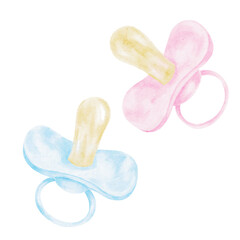 Blue and pink pacifiers painted as hand drawn watercolor clipart suited for gender reveal invitations, baby shower cards, product labels, nursery prints and merchandise for newborn designs