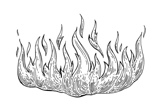 Hand drawn flame vector ink illustration. Vintage fire line horizontal doodle sketch in engraving style. Fire flames outline icon isolated on white background. Contour bonfire, linear flaming. Retro