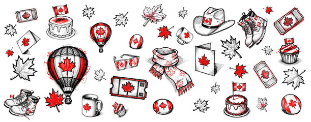 Hand-Drawn Canada Day Doodle Set with Maple Leaf Symbols, Festive Accessories and Patriotic Celebration Elements, Playful National Holiday Illustration Collection