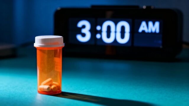 Prescription Pills and Alarm Clock Sleepless Night with Medication at 3 Am