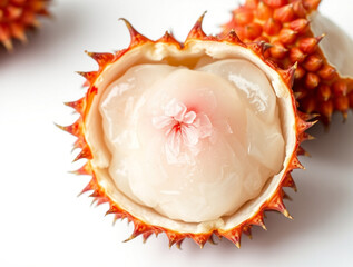 Obraz premium Closeup of a durian fruit with its spiky exterior and creamy interior on a white background