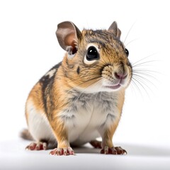 Obraz premium Close-up of a rodent with brown and white fur, large eyes, and perky ears, on white background