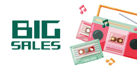 Big Sales promotion banner with retro music devices