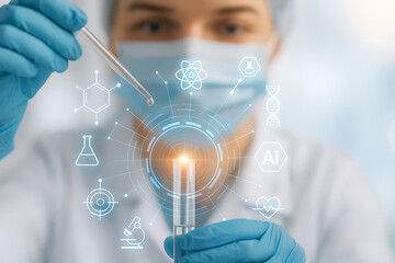 Scientist in protective gloves and mask working in laboratory with virtual chemical and medical icons overlay symbolizing research development and scientific innovation in healthcare