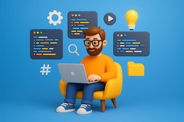 Cute 3d cartoon character of a male programmer or developer sitting in yellow chair with laptop surrounded by floating code windows and software development icons on blue background
