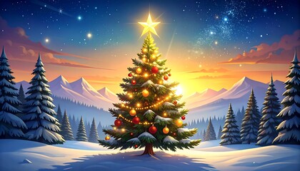 Christmas Tree in Winter Wonderland - A Festive Holiday Scene.