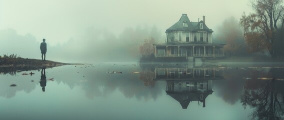 Mysterious figure standing by a foggy lake near an eerie old house at dawn