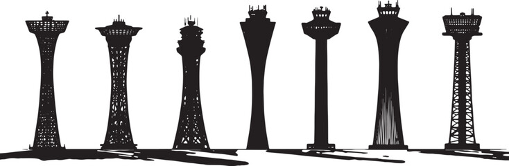 Airport Air Traffic Control Tower Black Silhouettes Set