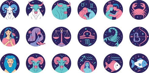 Colorful zodiac signs illustration set featuring astrology symbols, horoscope icons, constellations, and celestial themed star circle designs