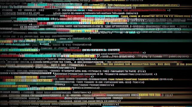 Chaotic lines of virus code with glitches concept. Colorful distorted text lines create a digital chaos effect.