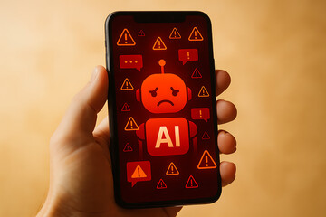 Sad or broken ai robot icon on a smartphone screen surrounded by red error and warning triangle signs, illustrating a system failure, technical problem, or artificial intelligence issue