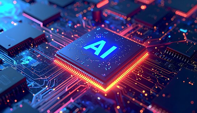Close-up of a central processing unit, lit up in blue and orange, with the text "AI" on the chip - Powered by Adobe