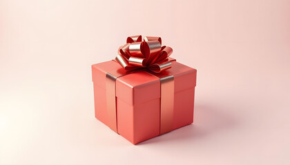 Obraz premium Elegant coral gift box with a shiny golden ribbon and voluminous bow standing on a soft pastel background. Minimal studio composition with gentle light and clean copy space, perfect for holiday