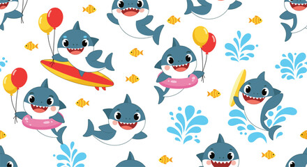 Cute baby shark seamless pattern with balloons, surfboards, splashes, and small fish for children’s designs and playful illustrations