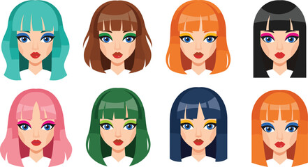 Set of Modern Women’s Faces with Vibrant Hair Colors: Fashionable Avatars Featuring Bold Makeup, Stylish Bob Haircuts, and Diverse Hues for Beauty and Digital Profile Designs
