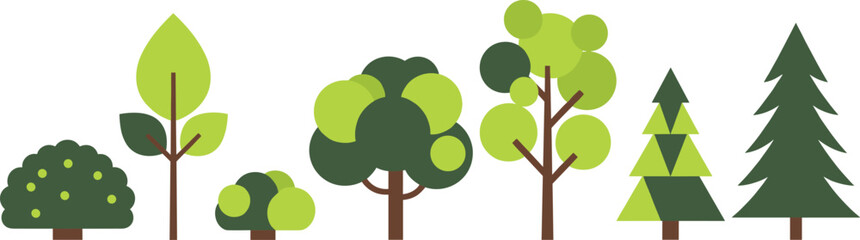A flat vector collection of various green trees and bushes, including stylized deciduous and pine shapes, perfect for nature parks, forest landscapes, and environmental conservation graphics