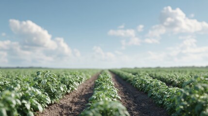 Vast agricultural field with rows of green plants growing in neat rows. the sky is blue with a few white clouds scattered across it.