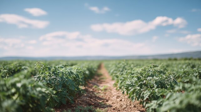 Vast field of green plants with a dirt path winding through them. the sky is blue with white clouds scattered across it. in the distance, there are rolling hills and a clear blue sky.