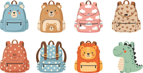 Cute children&rsquo;s backpacks with animal faces, patterns, and playful designs including bear, lion, dinosaur, hearts, clouds, and polka dots